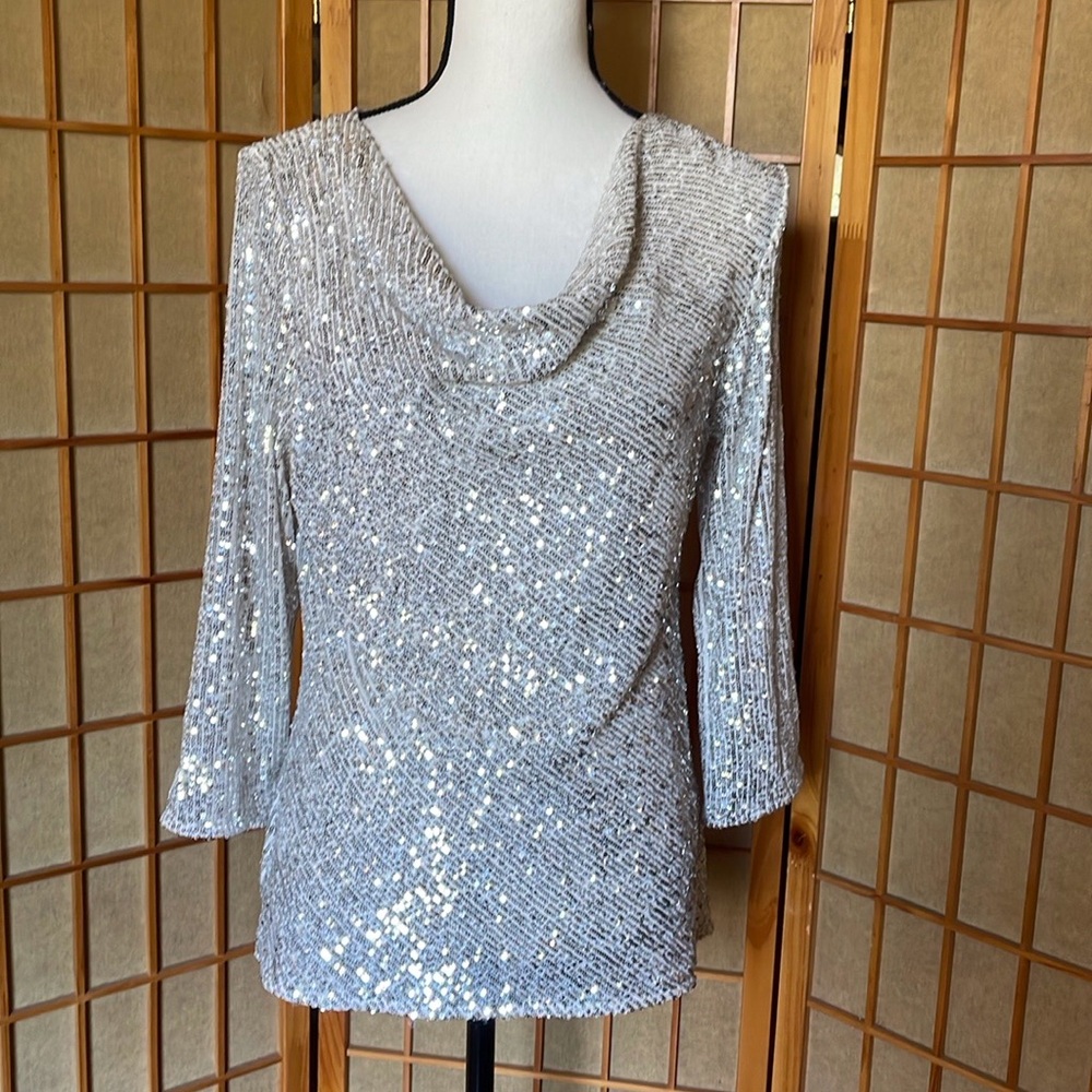 CeCe Top Knit Champagne Color Sequined Cowl Neck 3/4” Sleeves Event Top